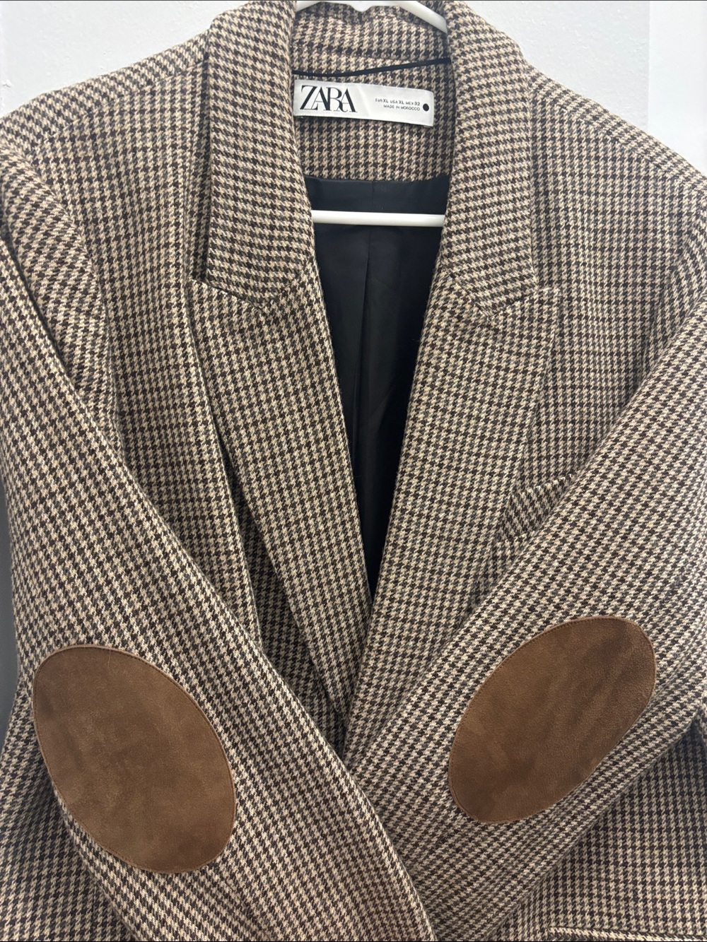 Zara Brown Houndstooth Single-Breasted Blazer with Suede Elbow Patches